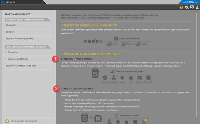 Intel XDK IDE Opening Screen